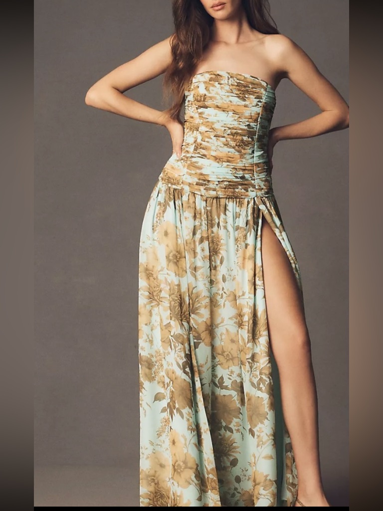 Bhldn Strapless Ruched Chiffon A-Line Maxi Dress In In Mint Green And Tan Floral